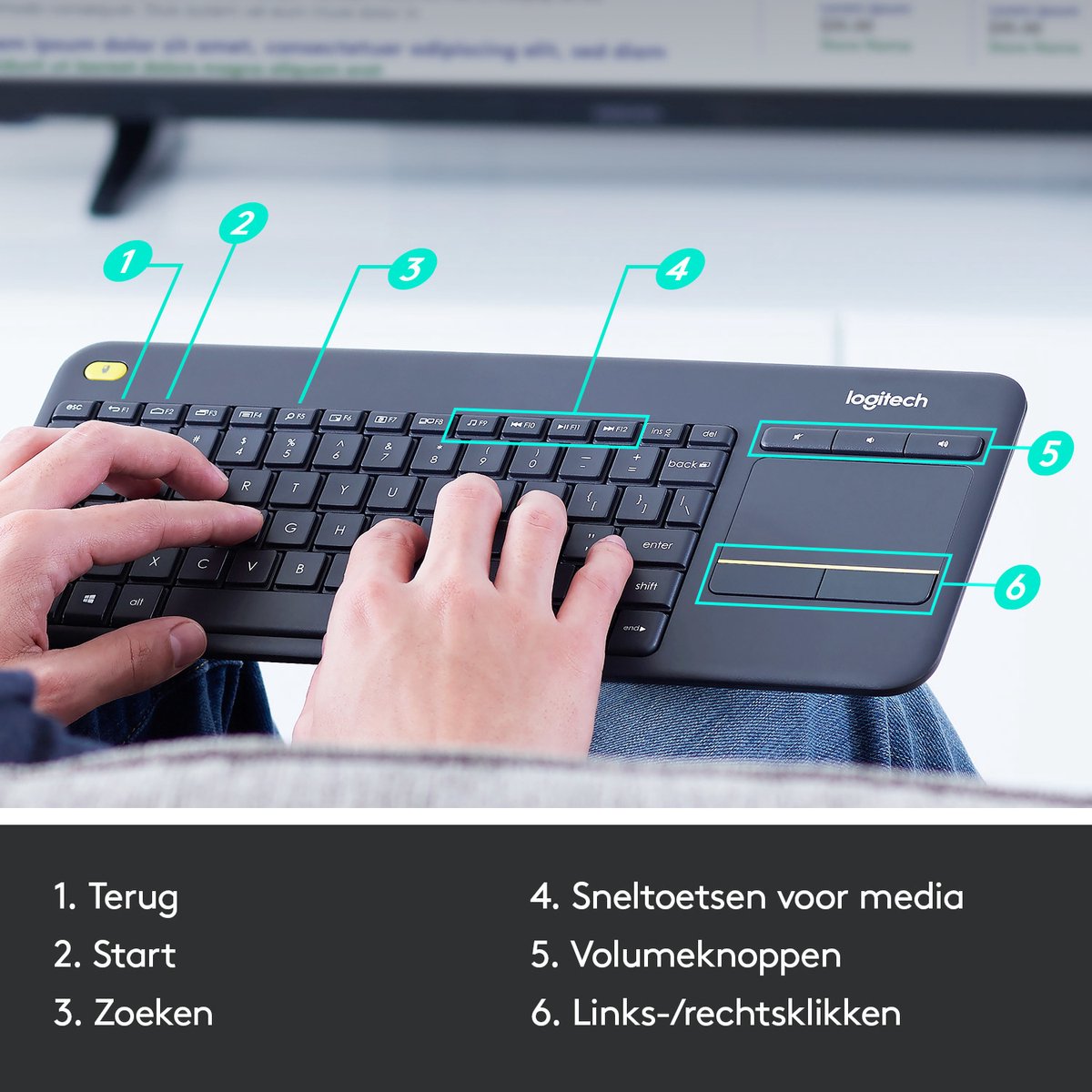 Logitech K400 Plus - Draadloos Touch Toetsenbord - QWERTY ISO - Zwart